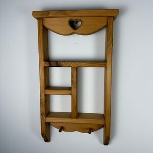 Vintage Wood Heart Cutout Wall Shelf Cubby Display with Pegs Honey Pine Rustic